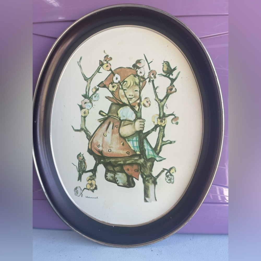 1982 Vintage Edition Hummel Apple Tree Girl Metal Oval Tray 14.5 x 11.5 in